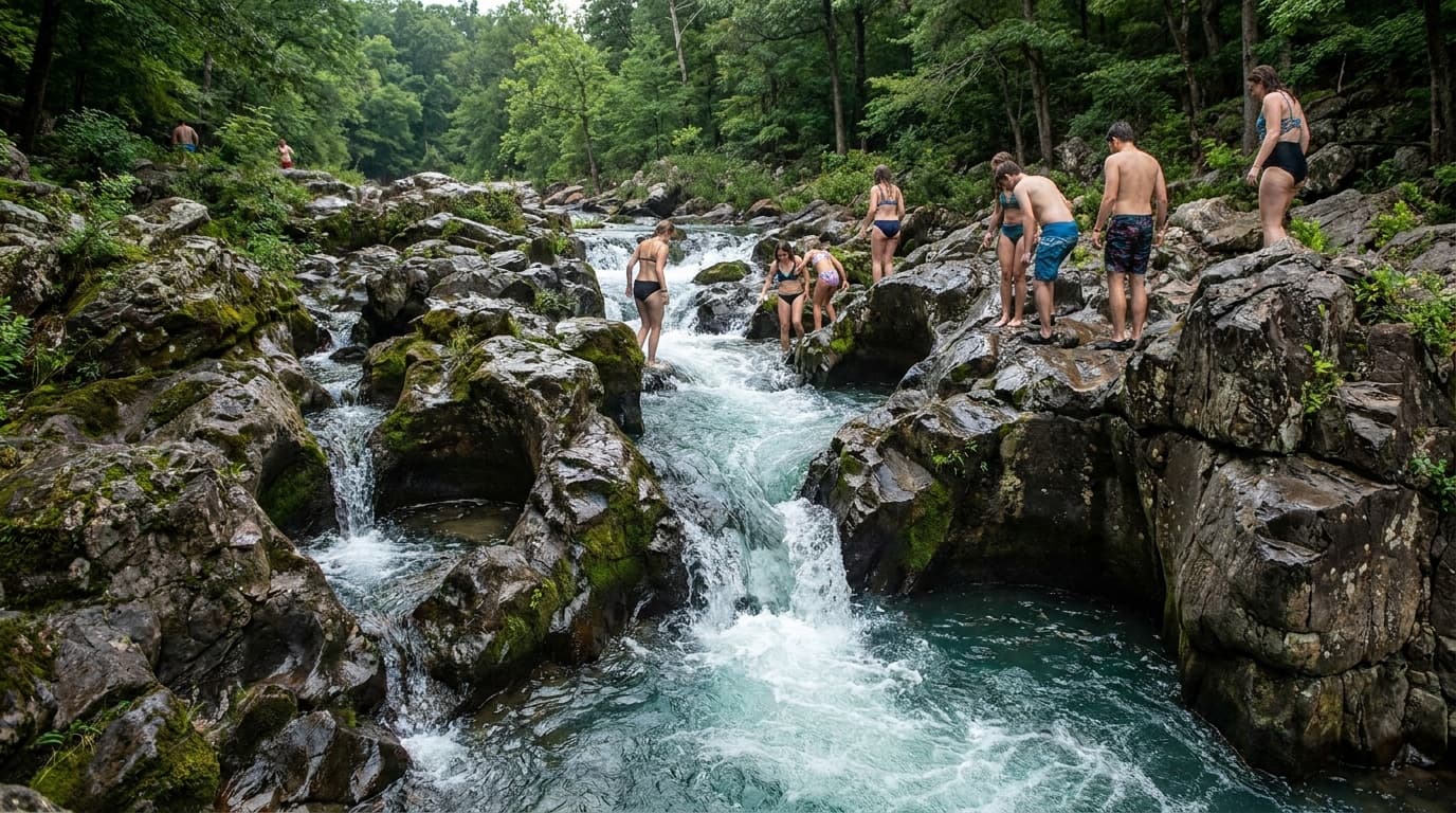 The East Fork Black River rushing through narrow chutes and potholes in dark billion-year-old volcanic rock at Johnson's Shut-Ins, swimmers wading in turquoise pools on a summer day.