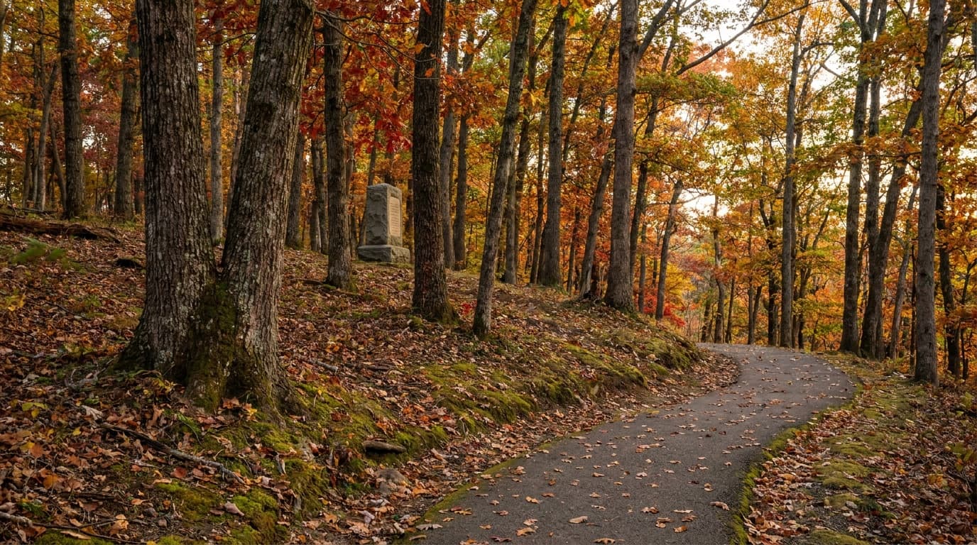The wooded ridge of Kings Mountain battlefield in autumn, the paved Battlefield Trail climbing through hardwood forest with fall color, a stone monument visible