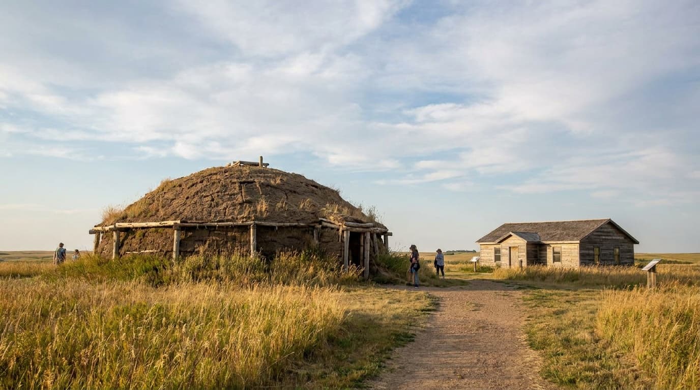 The full-scale reconstructed earthlodge at Knife River Indian Villages beside the visitor center, rounded earth-and-timber dome on the prairie under a wide North Dakota sky