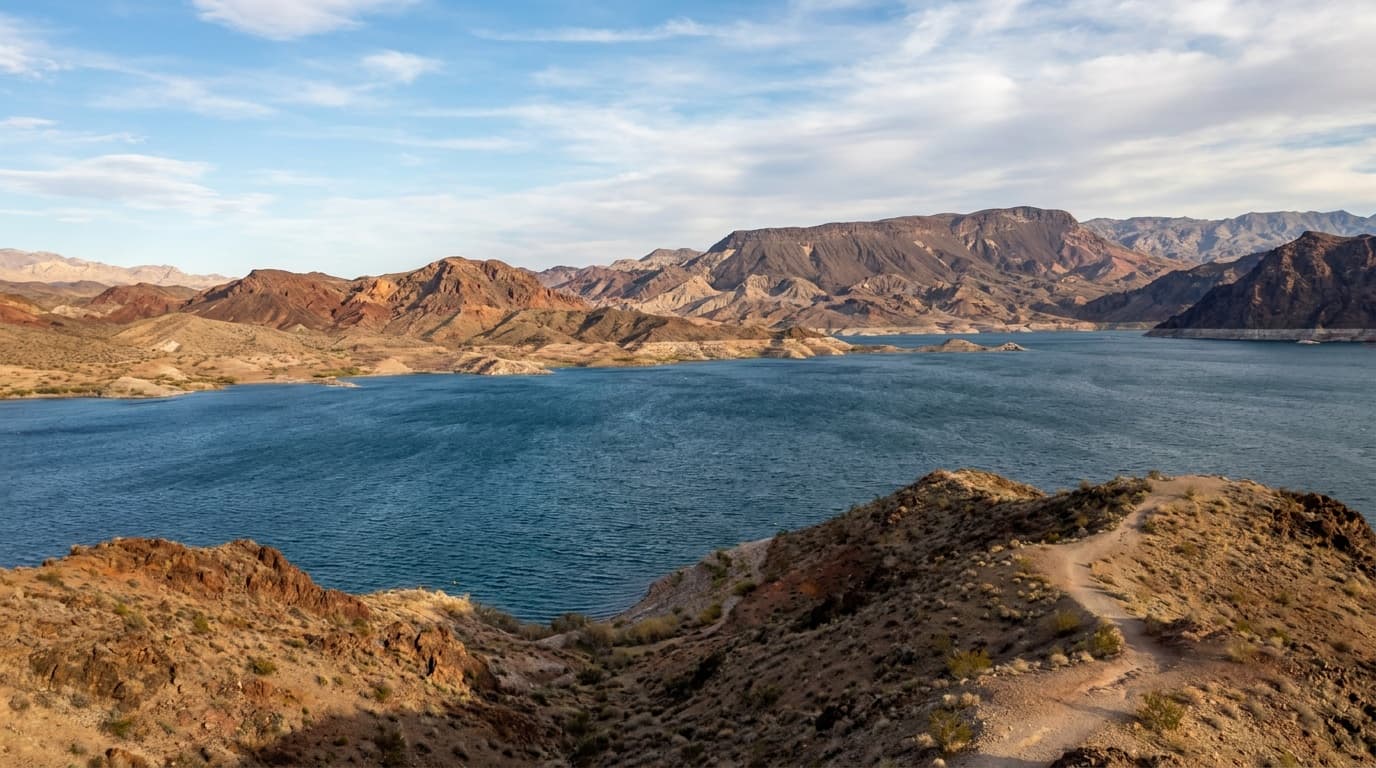 Lake Mead blue water against desert mountains under open sky