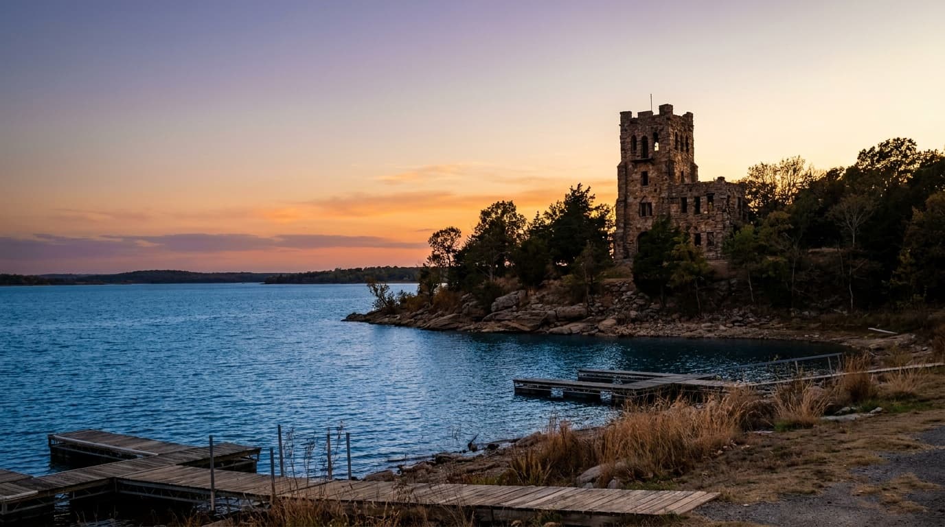 The clear blue expanse of Lake Murray at sunset with the historic stone Tucker Tower standing on a wooded point above the shoreline, southern Oklahoma.