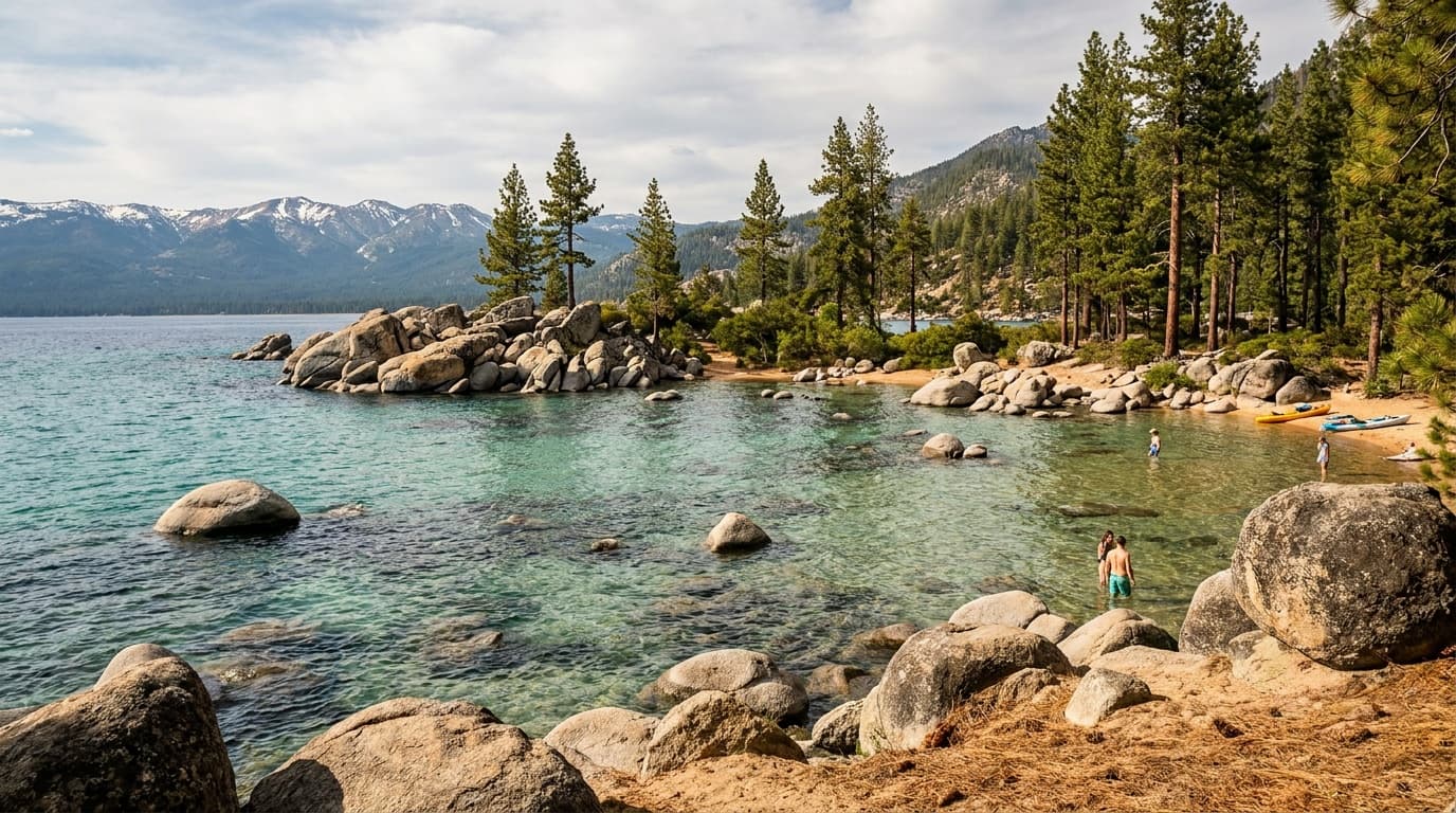 The clear turquoise water and granite boulders of Sand Harbor at Lake Tahoe Nevada State Park, pine-lined shore, distant Sierra peaks, brilliant summer day