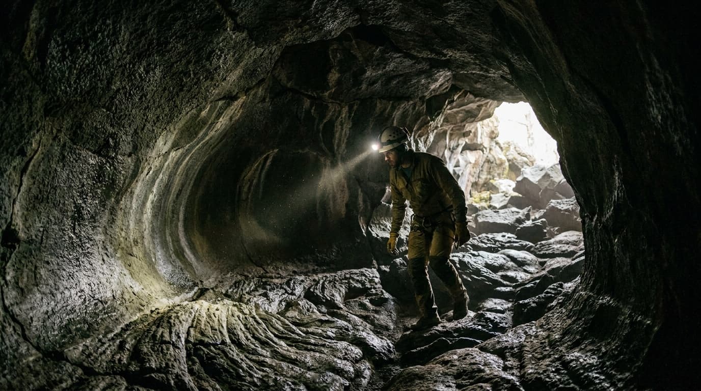 Lava tube cave at Lava Beds National Monument, a caver with a headlamp inside a dark basalt tube, light beams cutting the blackness, smooth ropey lava walls