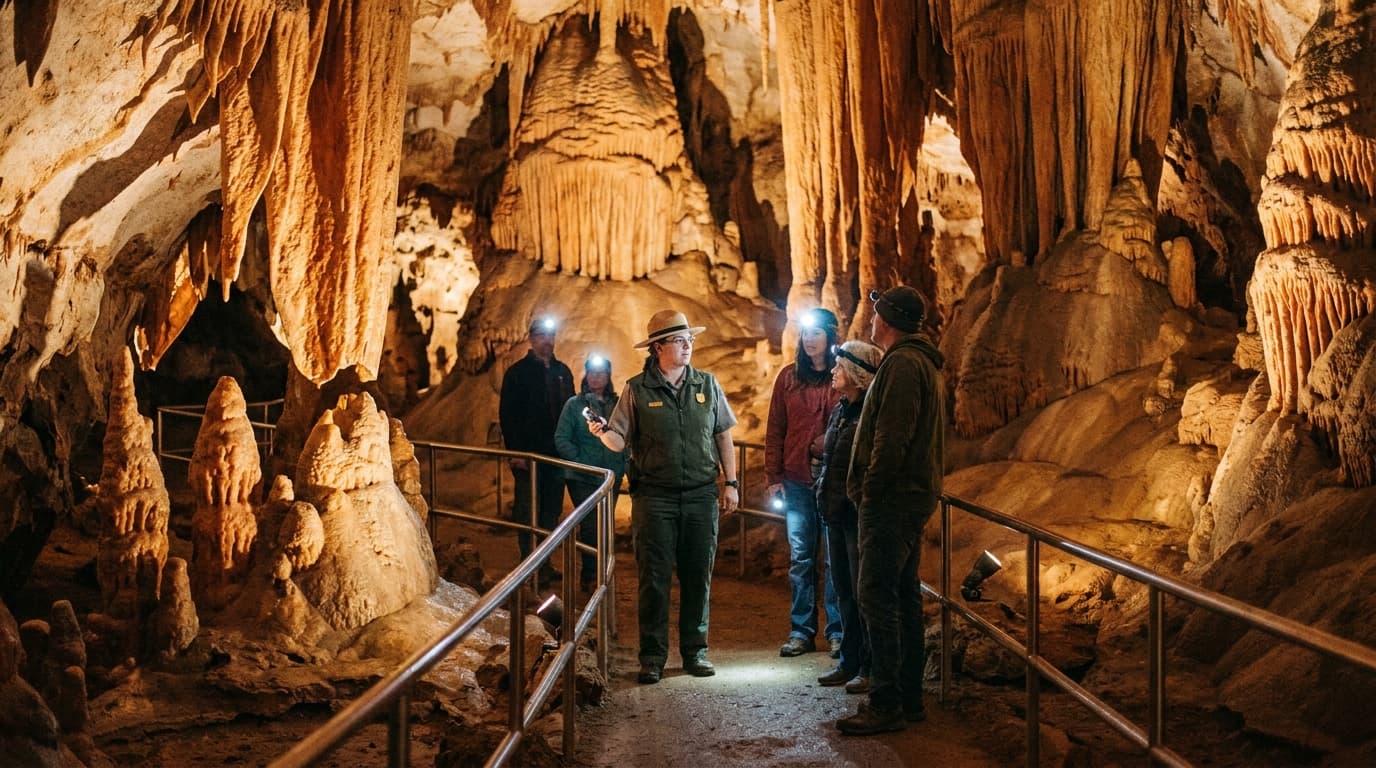 Richly decorated limestone cave chamber at Lewis and Clark Caverns, glowing stalactites and stalagmites and flowstone formations softly lit on a ranger tour, deep cavern