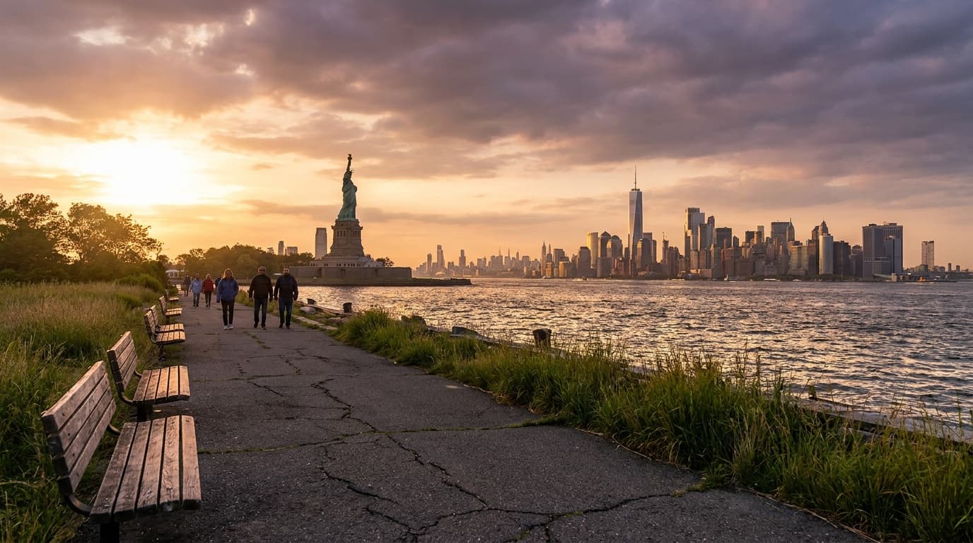 The Statue of Liberty and Lower Manhattan skyline seen across the harbor from the Liberty State Park waterfront in Jersey City at golden hour, walkway in foreground, New Jersey
