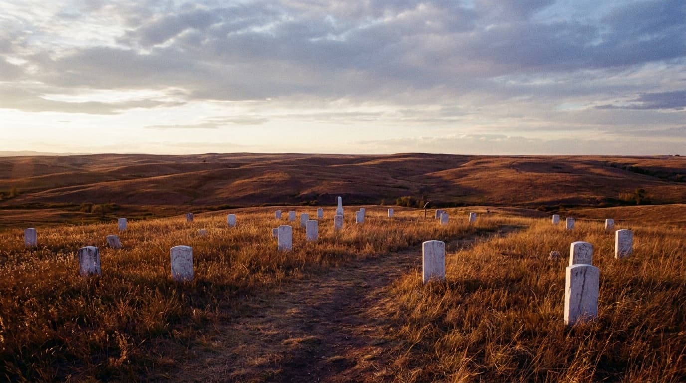 Last Stand Hill at Little Bighorn, scattered white marble markers across golden open prairie grass, big Montana sky with dramatic clouds, low warm evening light