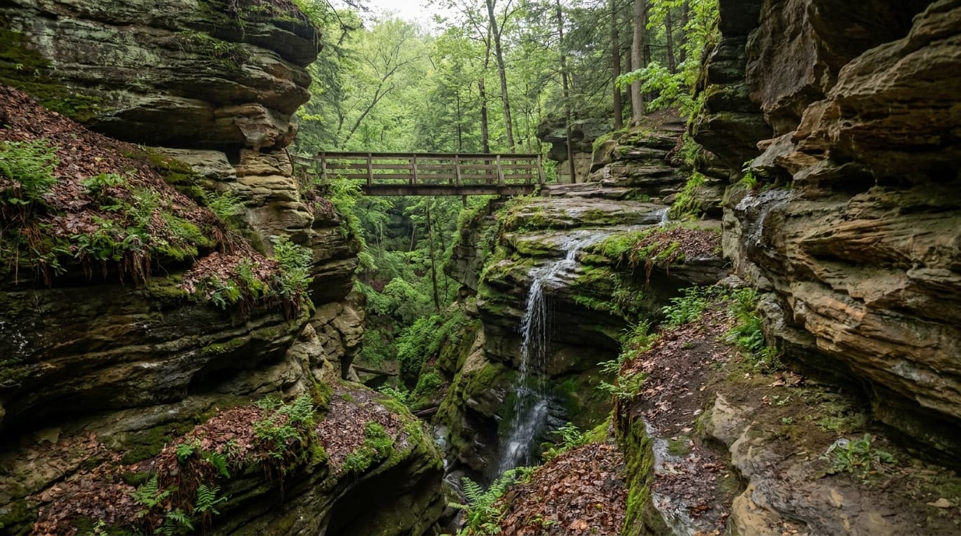 The sculpted Dells canyon at Matthiessen with a small seasonal waterfall spilling over layered sandstone into a green box canyon, a footbridge crossing above.