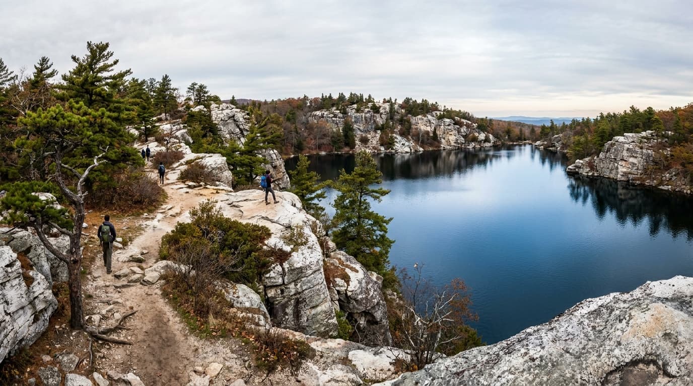 Lake Minnewaska ringed by white cliffs and pitch pine on the Shawangunk Ridge