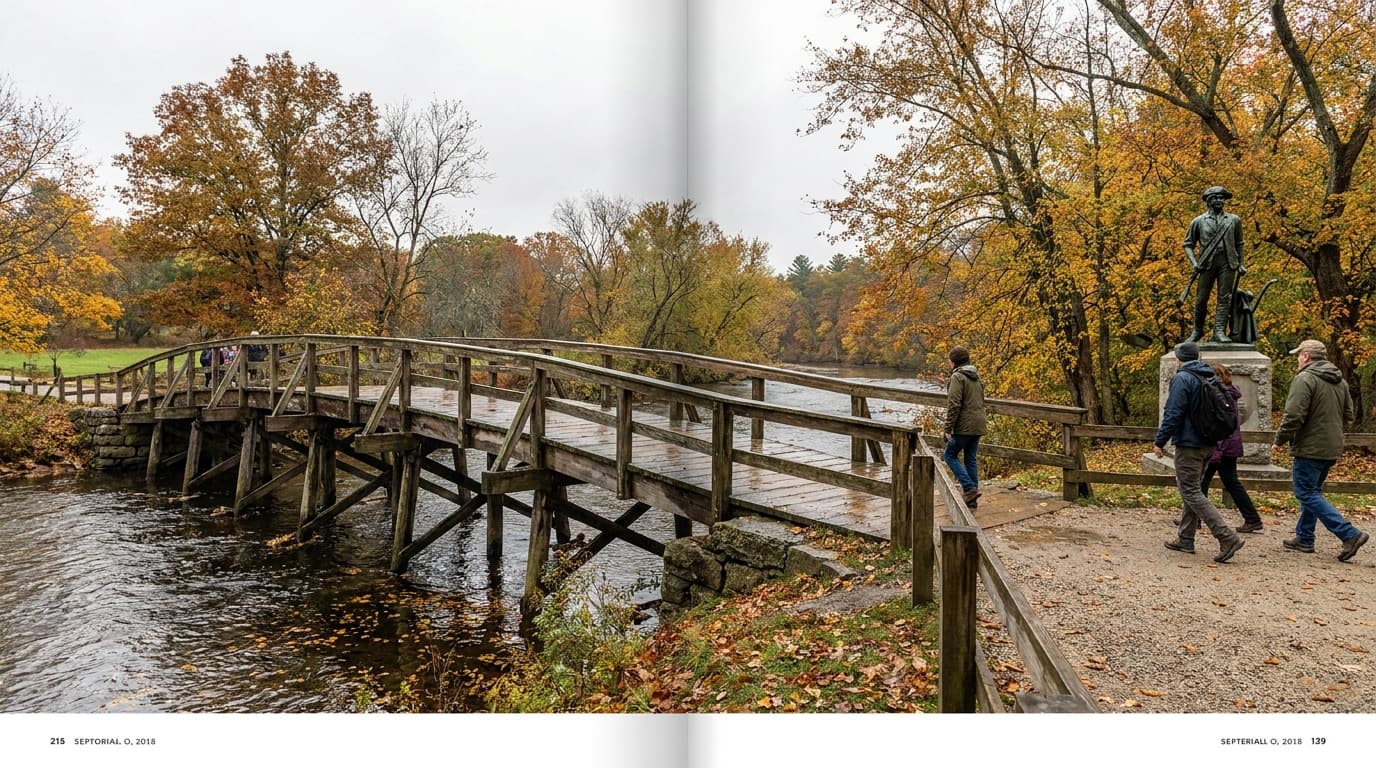 The wooden Old North Bridge over the Concord River with the Minute Man statue and autumn foliage