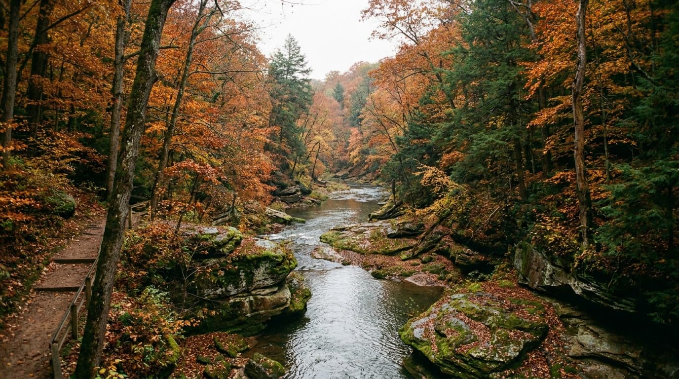 Wide view of the Clear Fork Mohican River winding through a deep hemlock and sandstone gorge in autumn, with steep tree-covered slopes glowing orange and gold above the water.