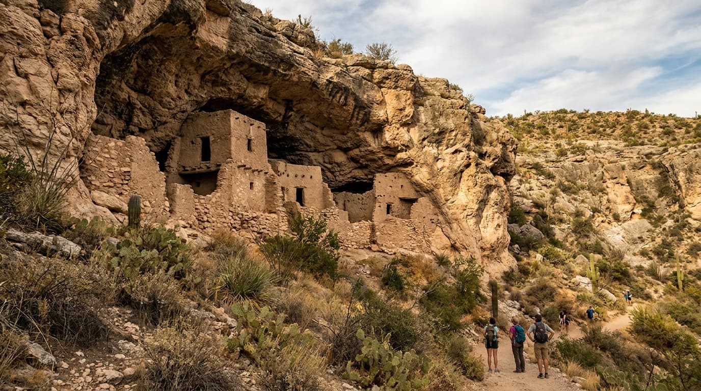 The five-story Montezuma Castle cliff dwelling set in its limestone alcove