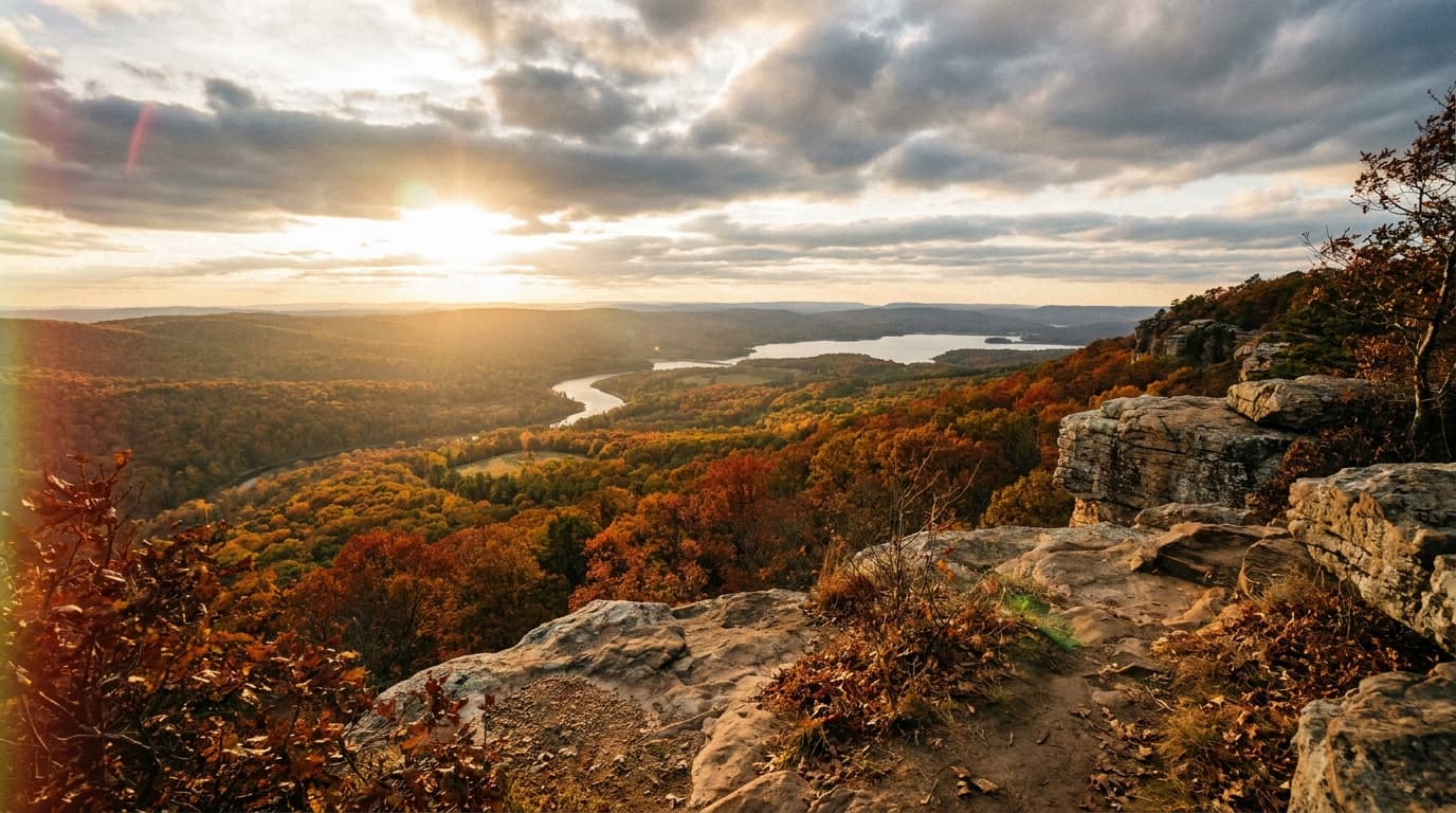 The sweeping bluff-top view from Mount Magazine, the highest point in Arkansas, over the vast Petit Jean River Valley and Blue Mountain Lake far below, brilliant autumn color and dramatic clouds, golden hour