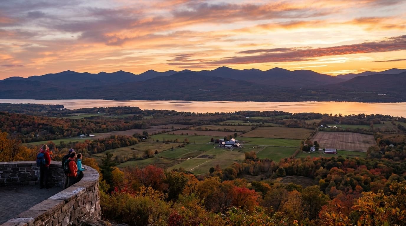 Sweeping sunset view from the Mount Philo summit over the patchwork farmland of the Champlain Valley, Lake Champlain shining, and the silhouette of New York's Adirondack Mountains, warm golden light, Vermont fall foliage