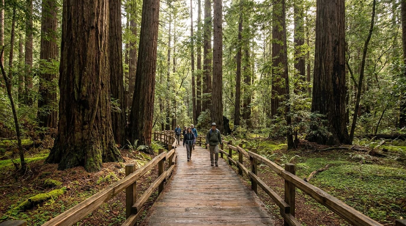 Tall coast redwoods rising along the boardwalk Main Trail in Muir Woods