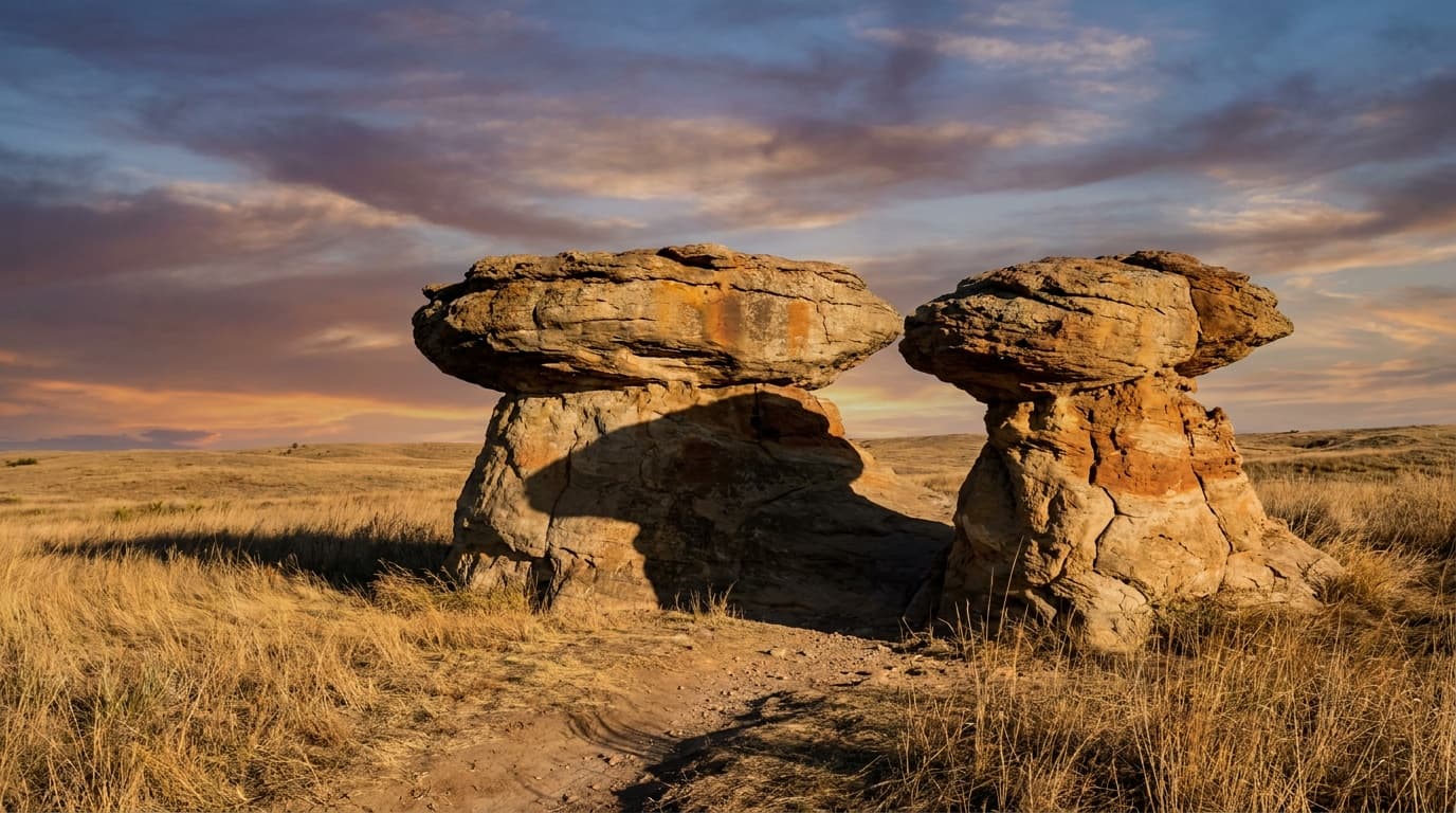Two giant mushroom-shaped sandstone rock formations standing on open Kansas prairie at golden hour, dramatic shadows and a vast Smoky Hills sky.