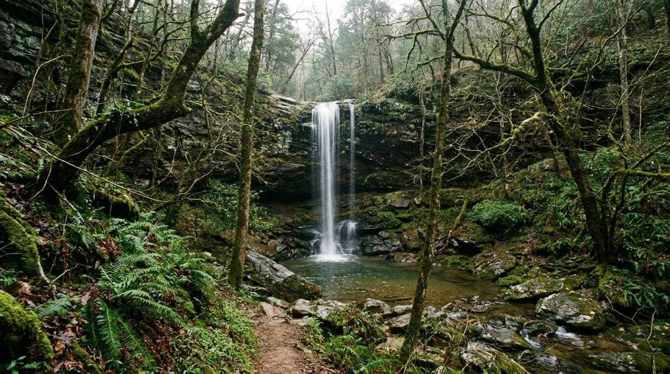 The 77-foot Natural Falls waterfall plunging in a silver ribbon into a lush, fern-lined, moss-draped canyon in northeast Oklahoma, soft diffused light.