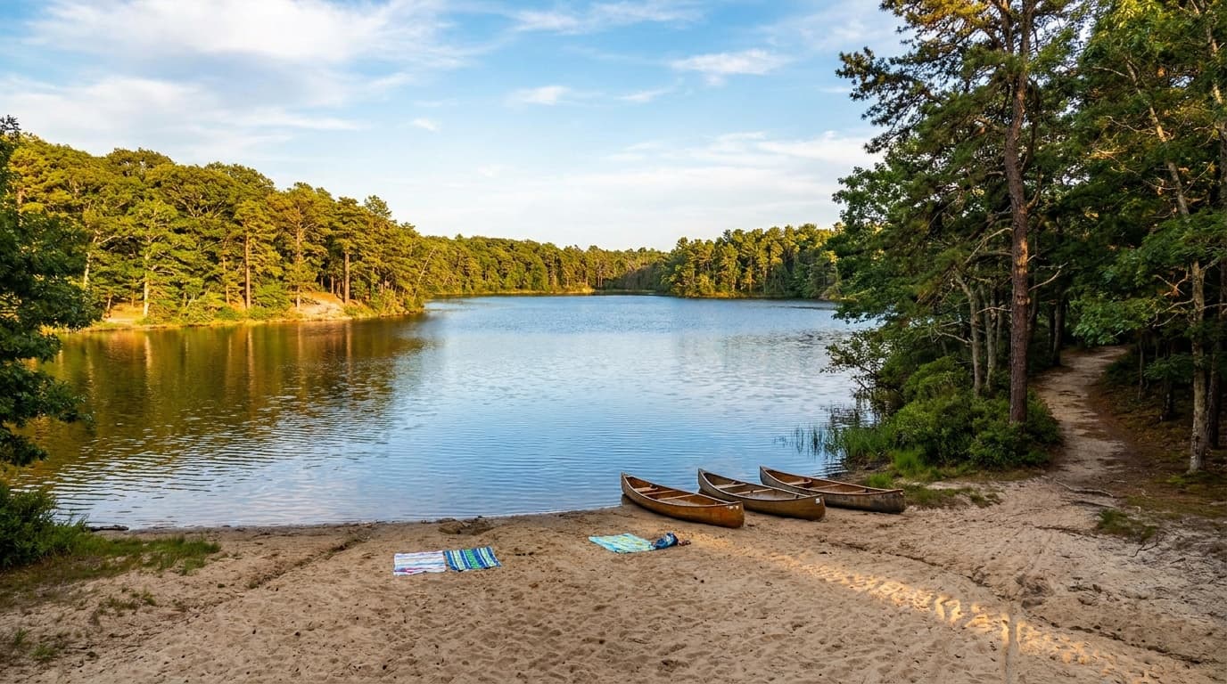 A large clear blue kettle pond ringed by oak and pine forest at Nickerson State Park on Cape Cod, a sandy swimming beach in the foreground, calm reflective water, warm summer light, photorealistic landscape photography