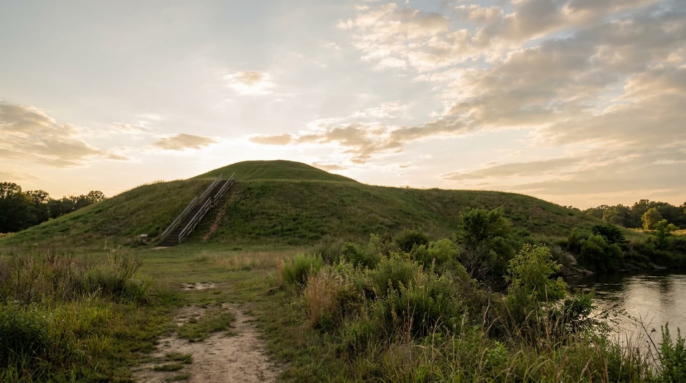 The grass-covered Great Temple Mound at Ocmulgee rising above the green floodplain near Macon, wooden staircase climbing its flank, wide Georgia sky at golden hour