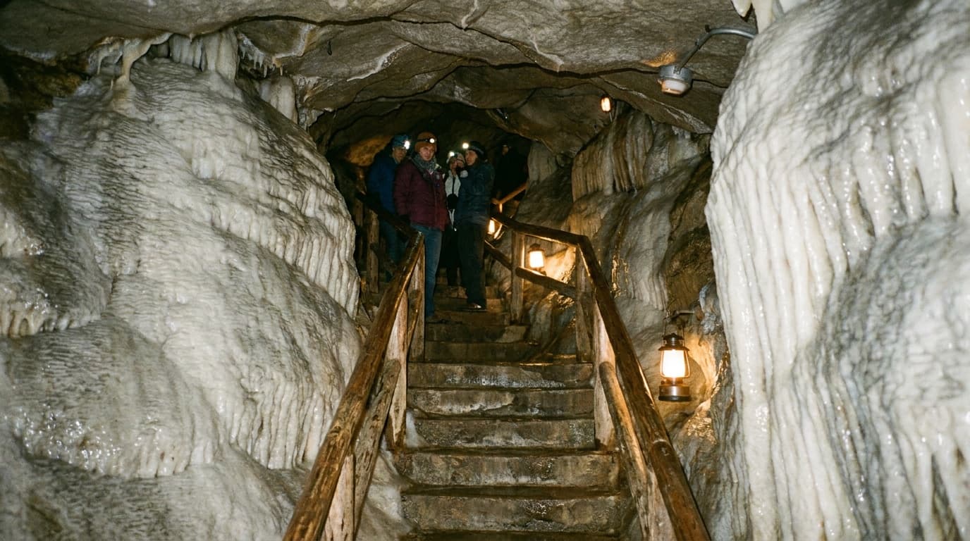 Marble cave passage at Oregon Caves National Monument, flowstone and rippled white-and-grey marble walls, stone stairs winding through, soft guided-tour lighting