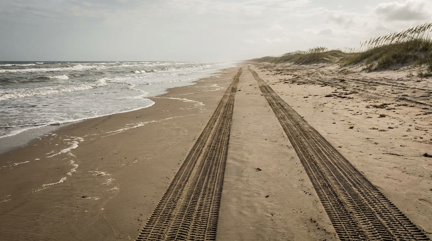 A vast empty Gulf of Mexico beach stretching to the horizon with tire tracks in the firm sand and rolling surf at Padre Island National Seashore
