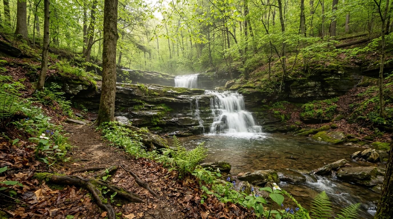 Cascade Falls, a multi-tiered woodland waterfall tumbling over rocks at Patapsco Valley State Park in spring, surrounded by green forest, dappled light, Maryland