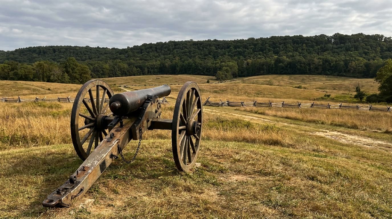 The open battlefield fields of Pea Ridge with a Civil War cannon in the foreground and wooded ridge behind