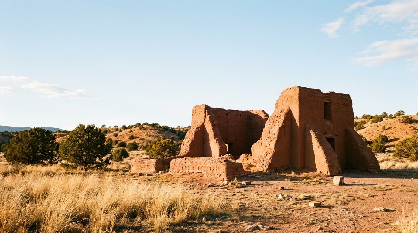 The towering reddish adobe walls of the Spanish Colonial mission church ruins at Pecos rising against a high-desert sky, golden grass and pinon hills behind, late afternoon light