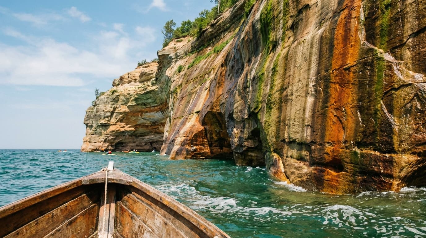 The colorful mineral-streaked sandstone cliffs of Pictured Rocks rising from turquoise Lake Superior, seen from a boat, orange, green, and tan stains, clear summer day