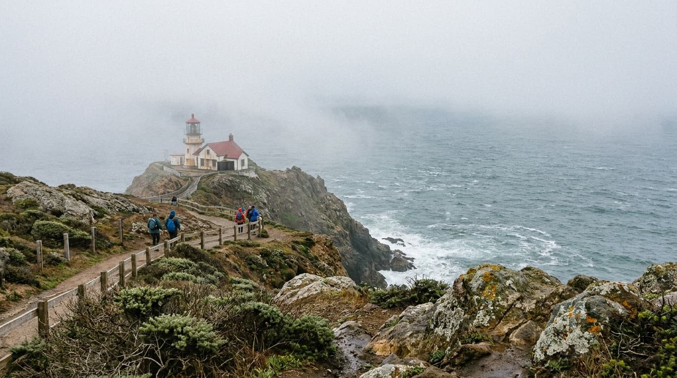 Point Reyes Lighthouse on the headland cliffs above the Pacific with fog
