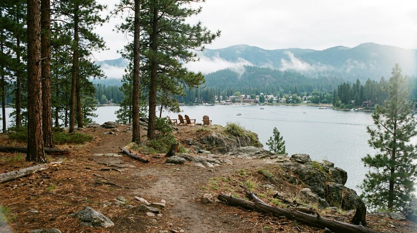 Payette Lake from the forested Ponderosa peninsula at McCall