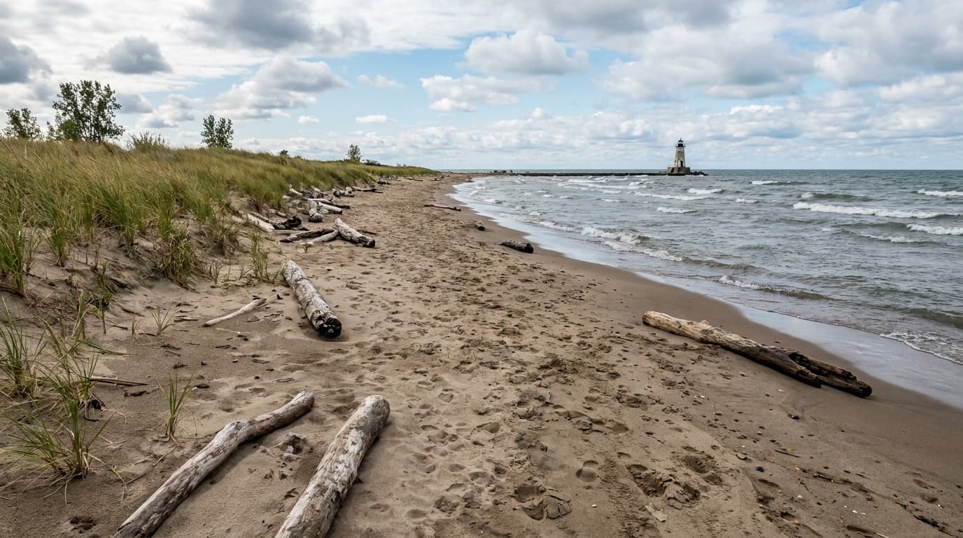 A sandy Lake Erie beach at Presque Isle State Park