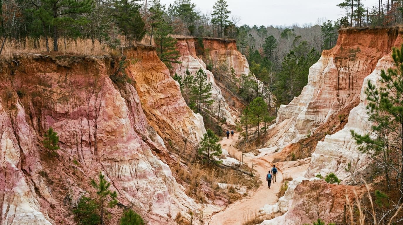 Colorful pink, orange, and white eroded canyon walls at Providence Canyon