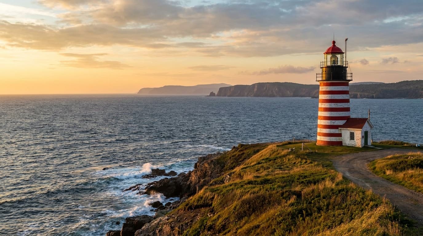 The red-and-white candy-striped West Quoddy Head Lighthouse standing on a green coastal headland at the easternmost point of the United States, blue Atlantic and distant Canadian cliffs behind it, dramatic morning light