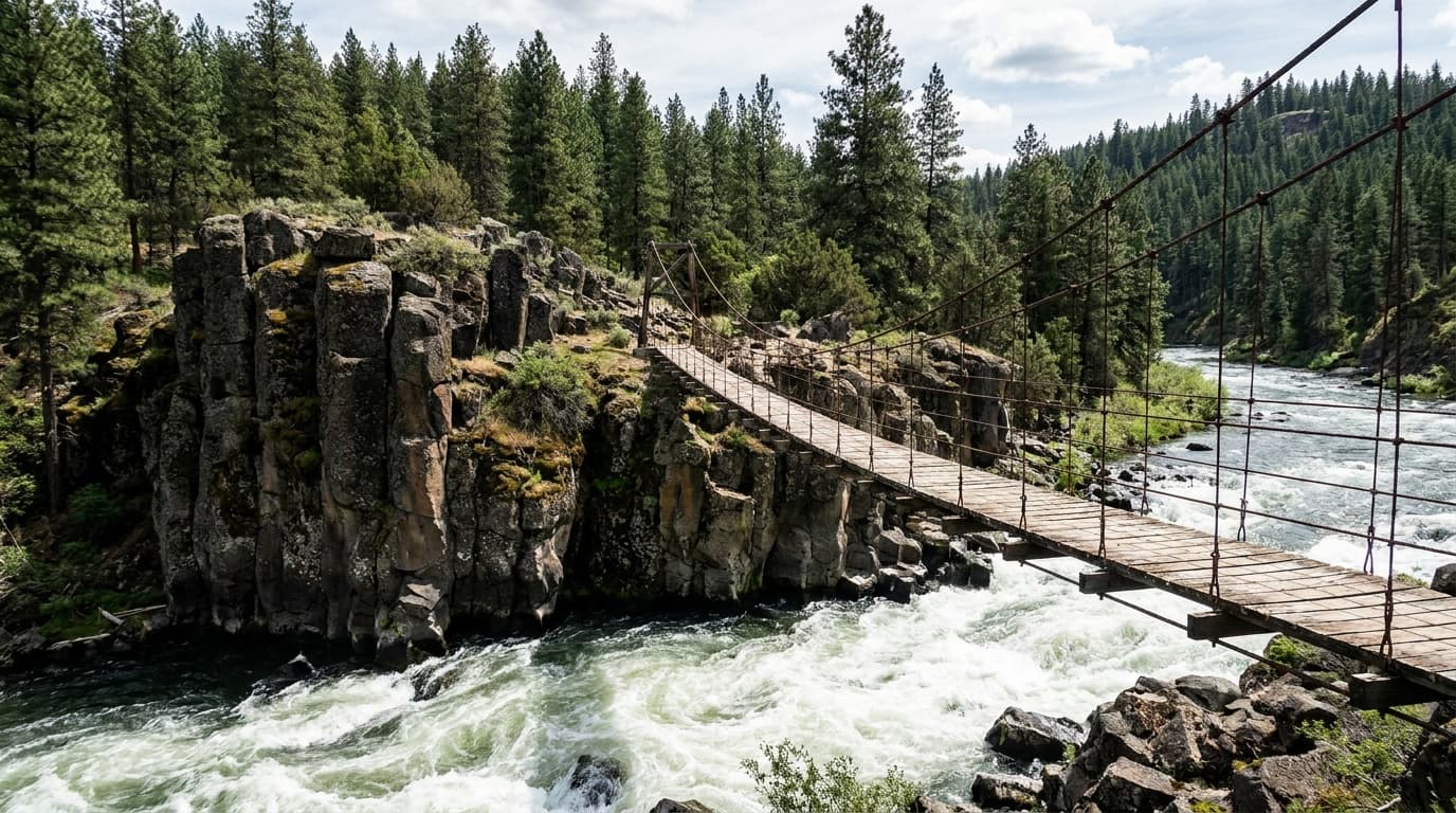 The historic CCC suspension bridge spanning the Spokane River at the Bowl and Pitcher, with massive basalt rock formations rising from whitewater rapids, pine forest, sunny day