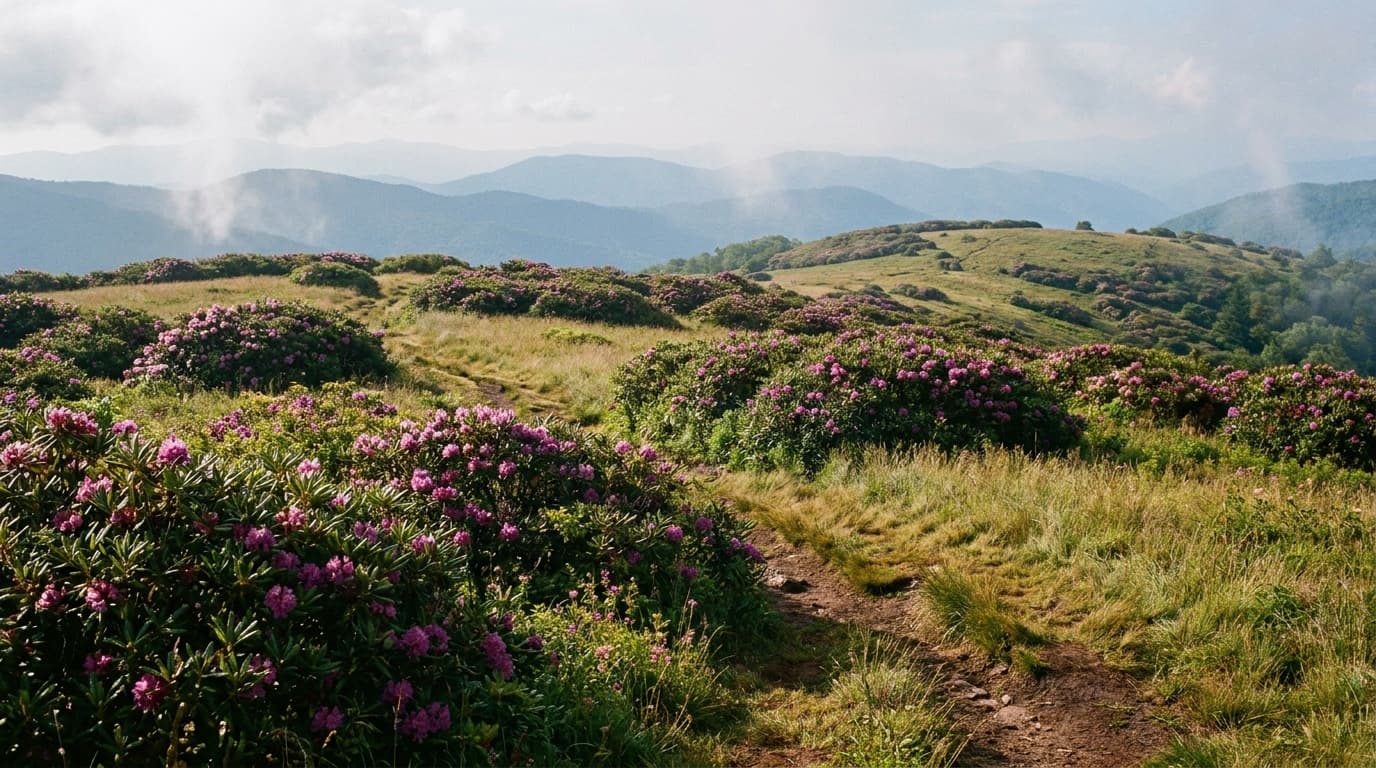 The high grassy balds of Roan Mountain blanketed in pink and purple Catawba rhododendron in full mid-June bloom, with blue ridgelines fading into the distance under a soft morning sky