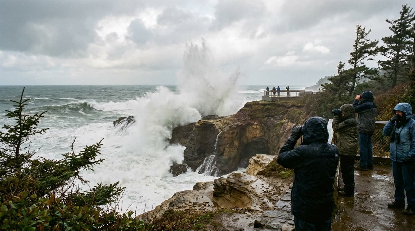 Huge ocean waves exploding against rugged sandstone cliffs at Shore Acres during a winter storm, white spray bursting high above the bluff, dramatic Oregon Coast storm-watching scene