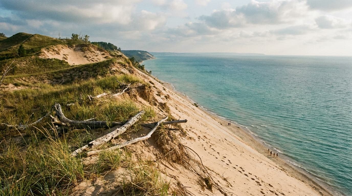 Perched dunes dropping to the turquoise water of Lake Michigan at Sleeping Bear Dunes