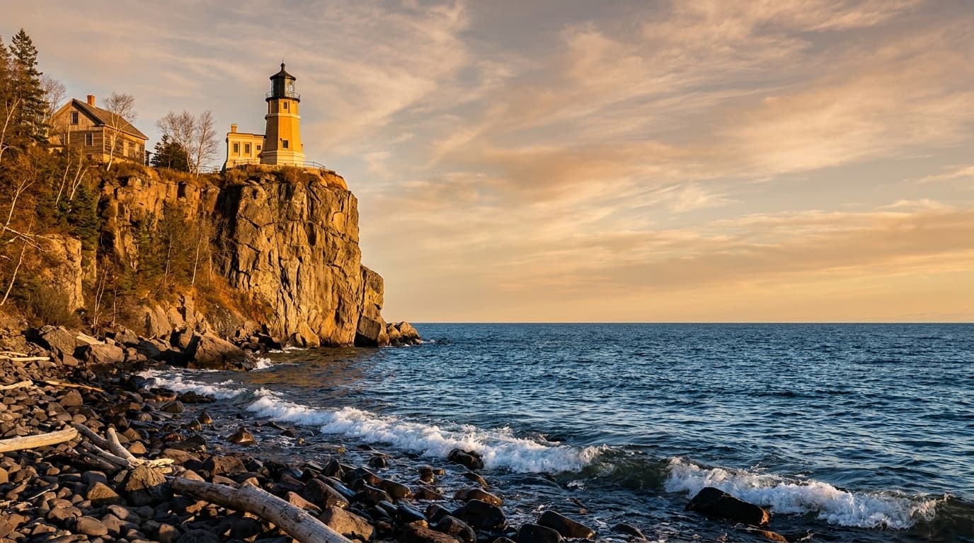 The Split Rock Lighthouse perched on a sheer cliff high above Lake Superior, seen from the shoreline below at golden hour with the vast blue lake stretching to the horizon.