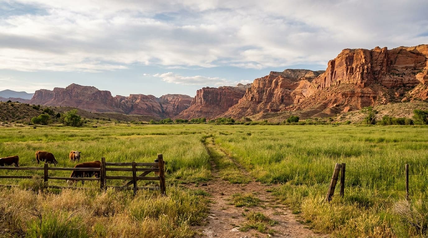 Green ranch meadow at Spring Mountain Ranch below the Red Rock cliffs