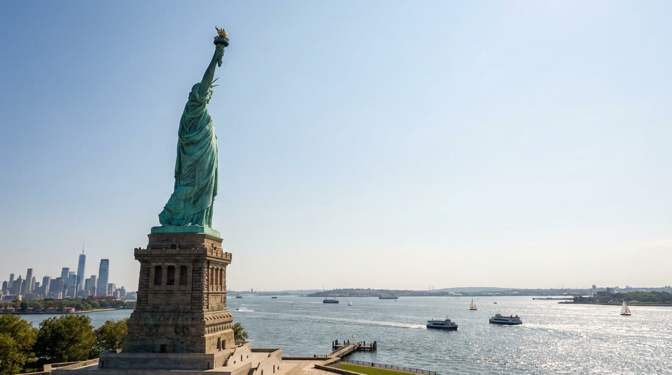 The Statue of Liberty rising green against a clear sky on Liberty Island, torch raised, with the New York harbor sparkling below