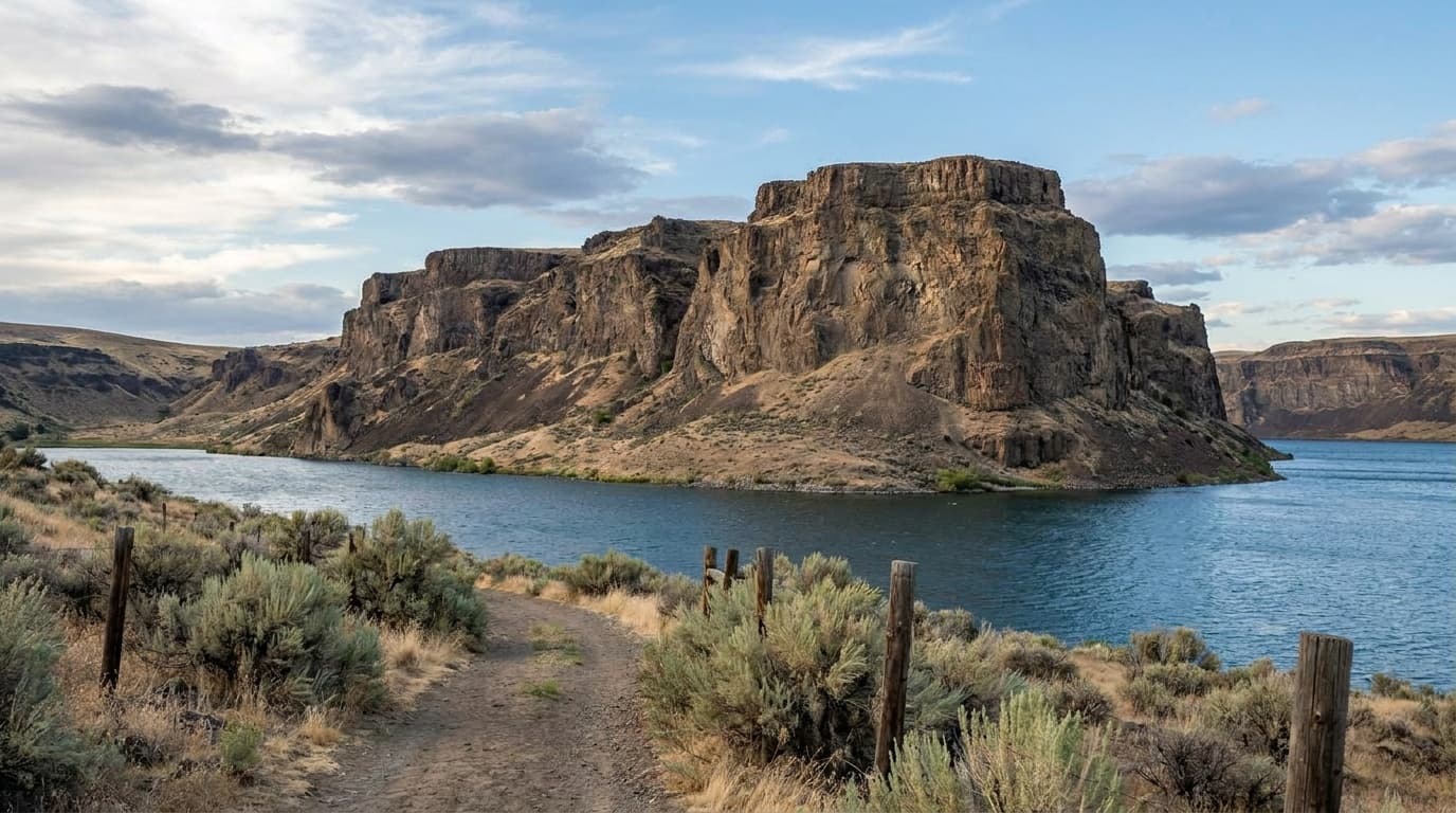 The Steamboat Rock basalt butte rising from Banks Lake in central Washington