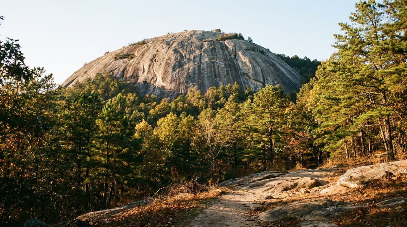 The bare granite dome of Stone Mountain rising above the forest in North Carolina
