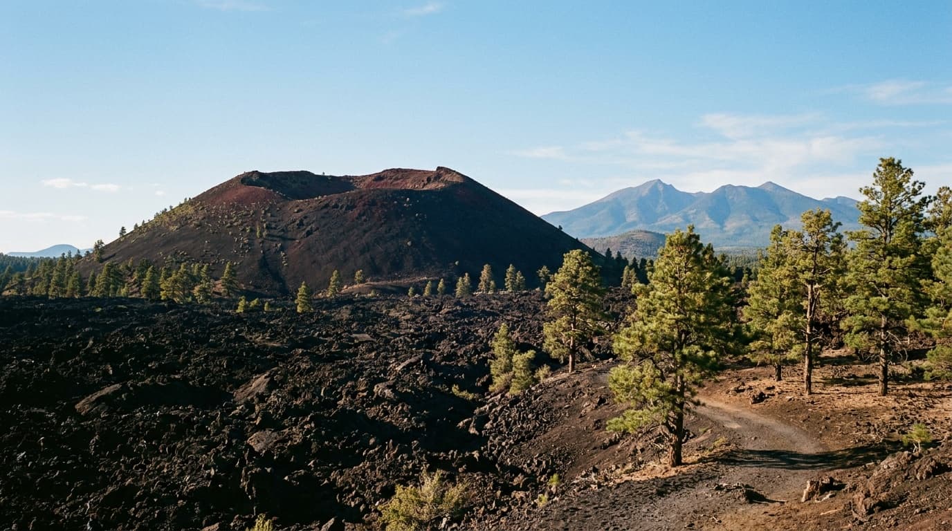 The reddish-black cinder cone of Sunset Crater rising above black Bonito Lava Flow, ponderosa pines at the base, the San Francisco Peaks behind, clear Arizona sky