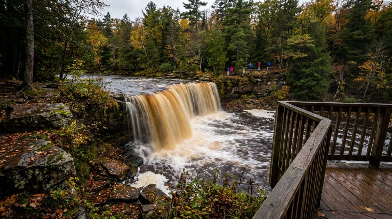 The amber-colored Upper Falls of the Tahquamenon River