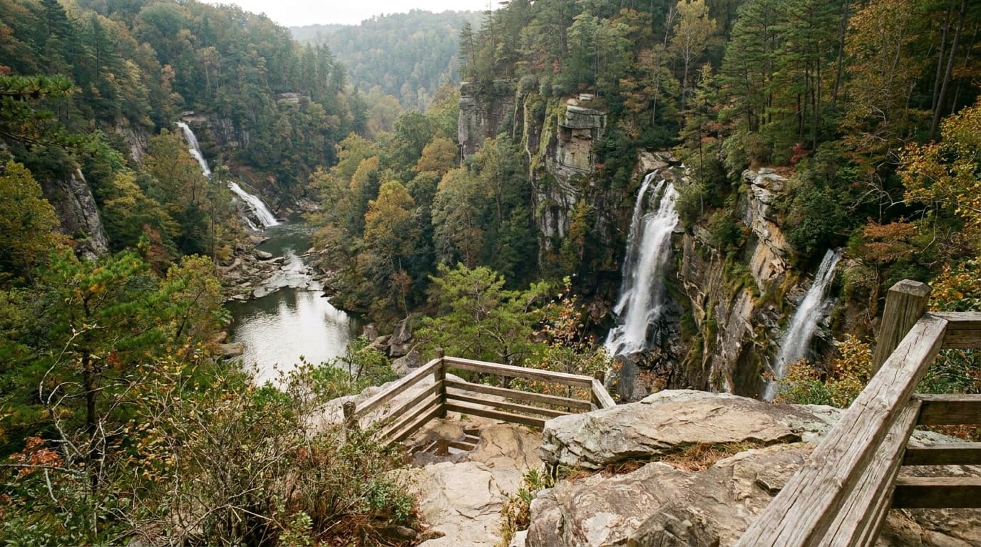 Tallulah Gorge with waterfalls and steep forested canyon walls in northeast Georgia