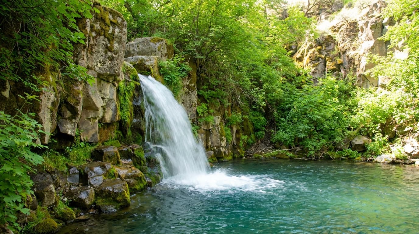 Crystal-clear spring water bursting from a basalt canyon wall into a turquoise pool at Box Canyon Springs in Thousand Springs State Park, lush green vegetation, southern Idaho