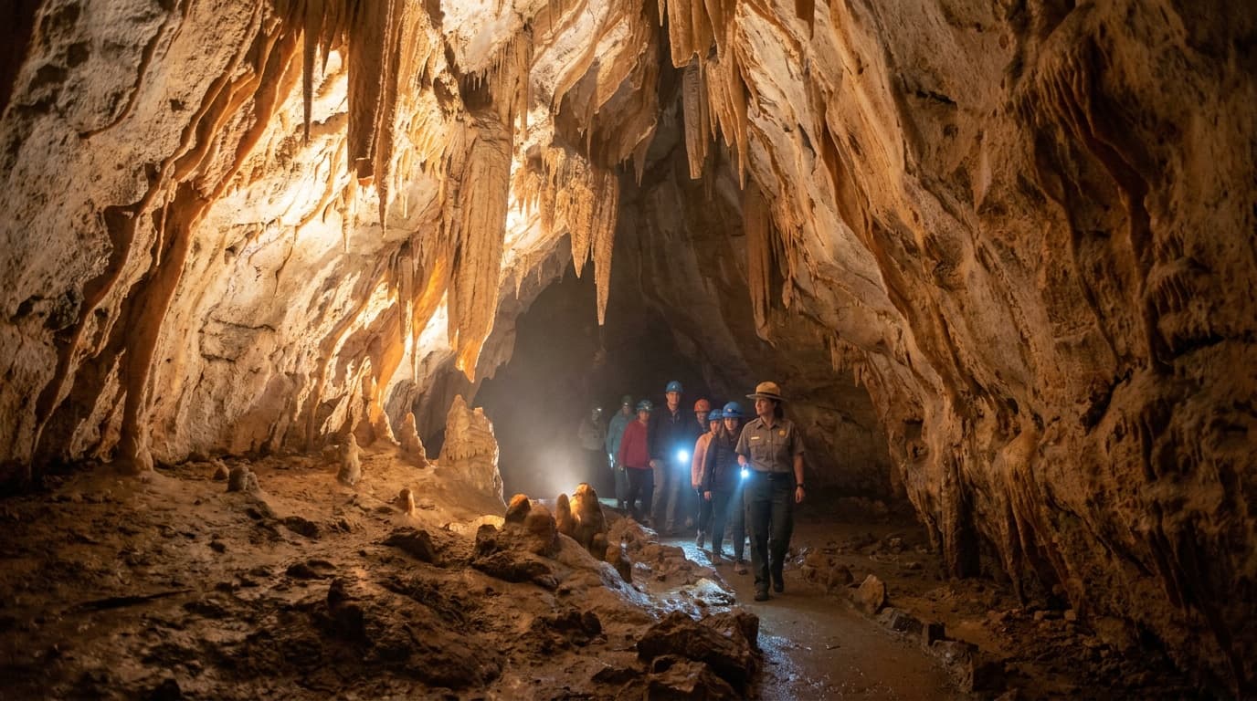 Glowing limestone cave interior at Timpanogos Cave National Monument, delicate helictites and stalactites lit warmly, ranger tour group small in frame for scale, deep cavern depth