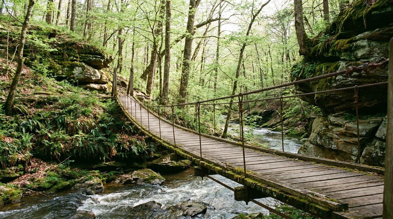 The 1938 CCC swinging suspension footbridge over fern-lined Bear Creek at Tishomingo State Park, moss-covered rock and lush green forest, soft spring light