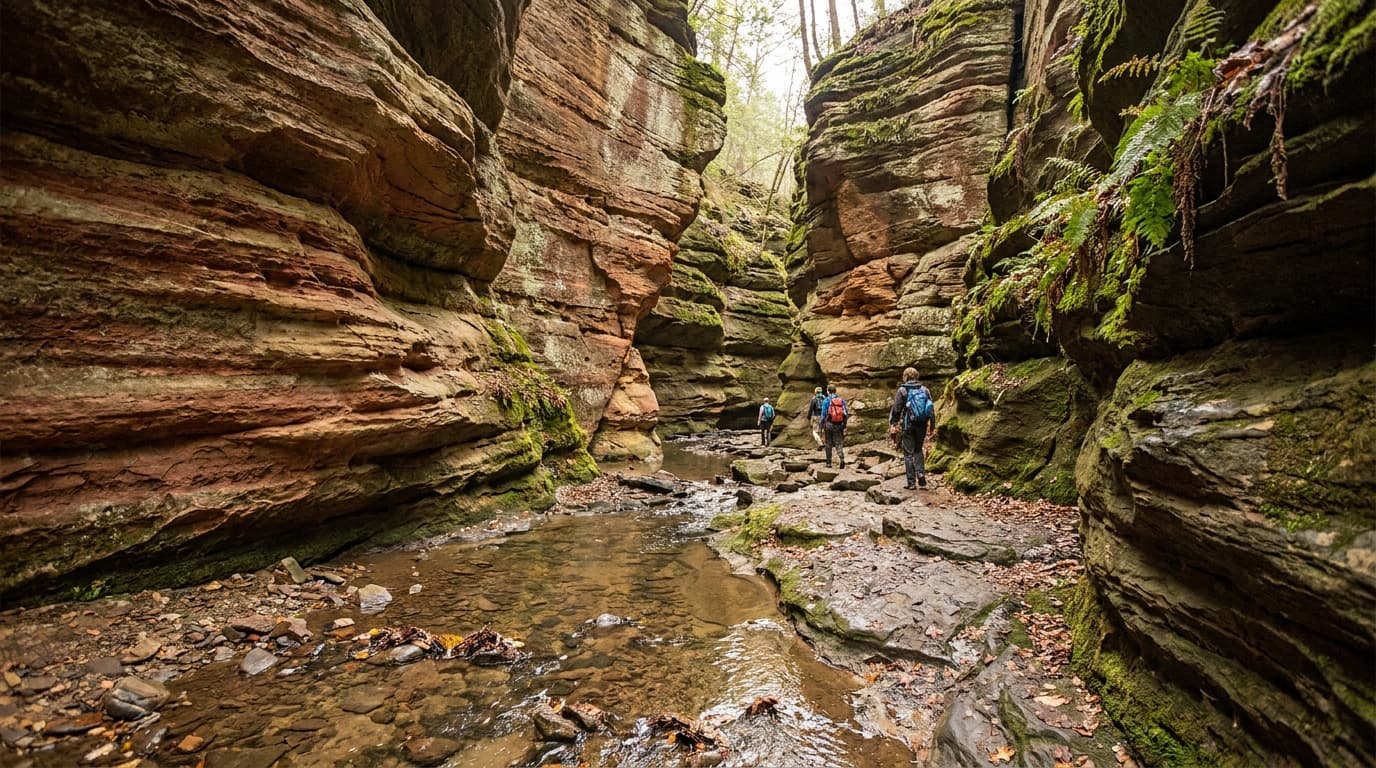 A narrow sandstone canyon at Turkey Run with a shallow stream running across the rocky floor between tall striped rock walls, hikers small for scale.
