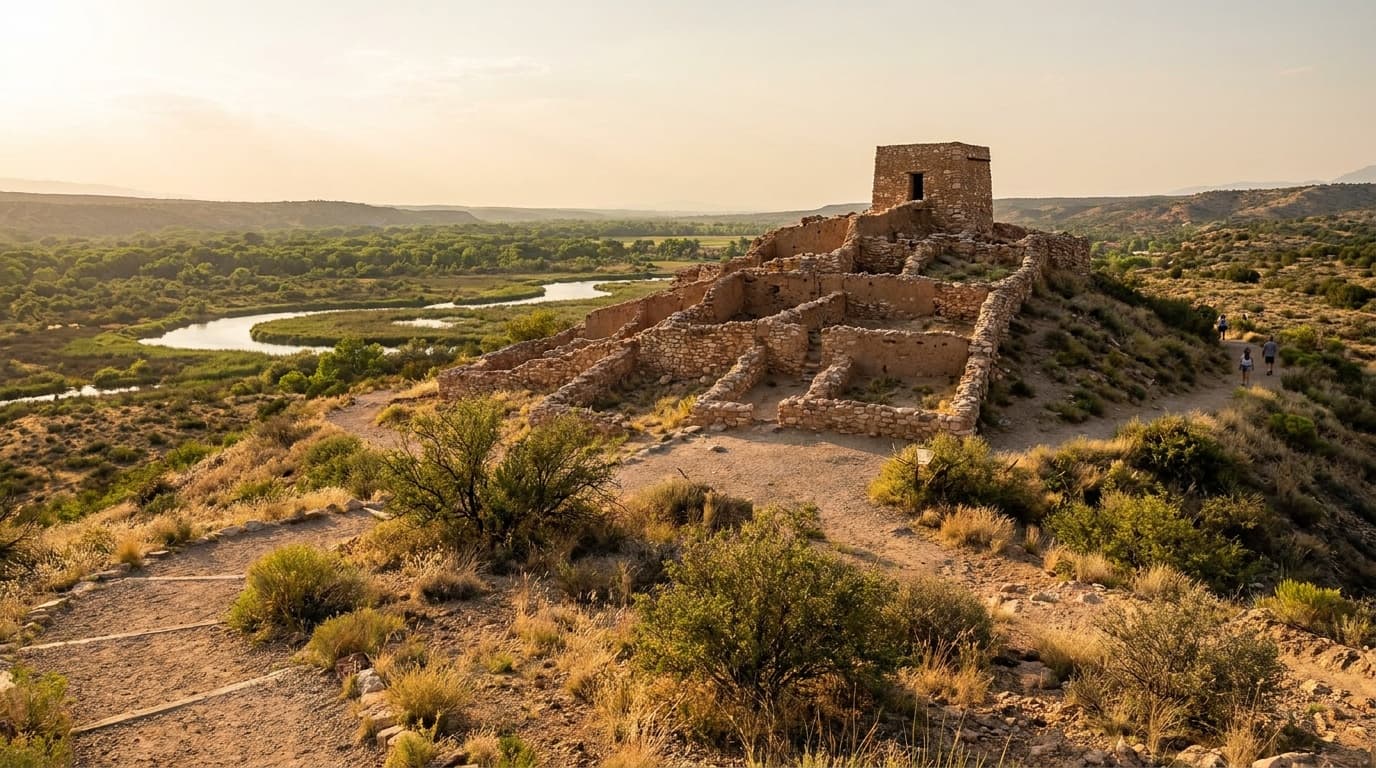 Tuzigoot pueblo crowning a low hill above the green Verde Valley, the reconstructed tower room at the summit, warm late-afternoon light, Tavasci Marsh wetlands below